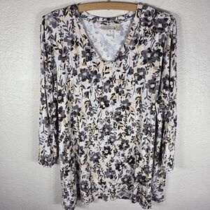 Logo Lori Goldstein Tunic Shirt Womens Size L Floral Cream V Neck Pockets